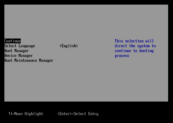 The main DUET screen shows a number of
    boot and device management menus.